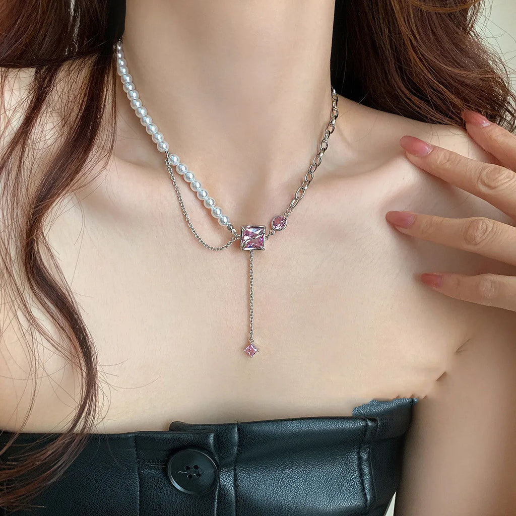 Pink crystal geometric necklace with stainless steel box chain and mixed gem inlay pendant
