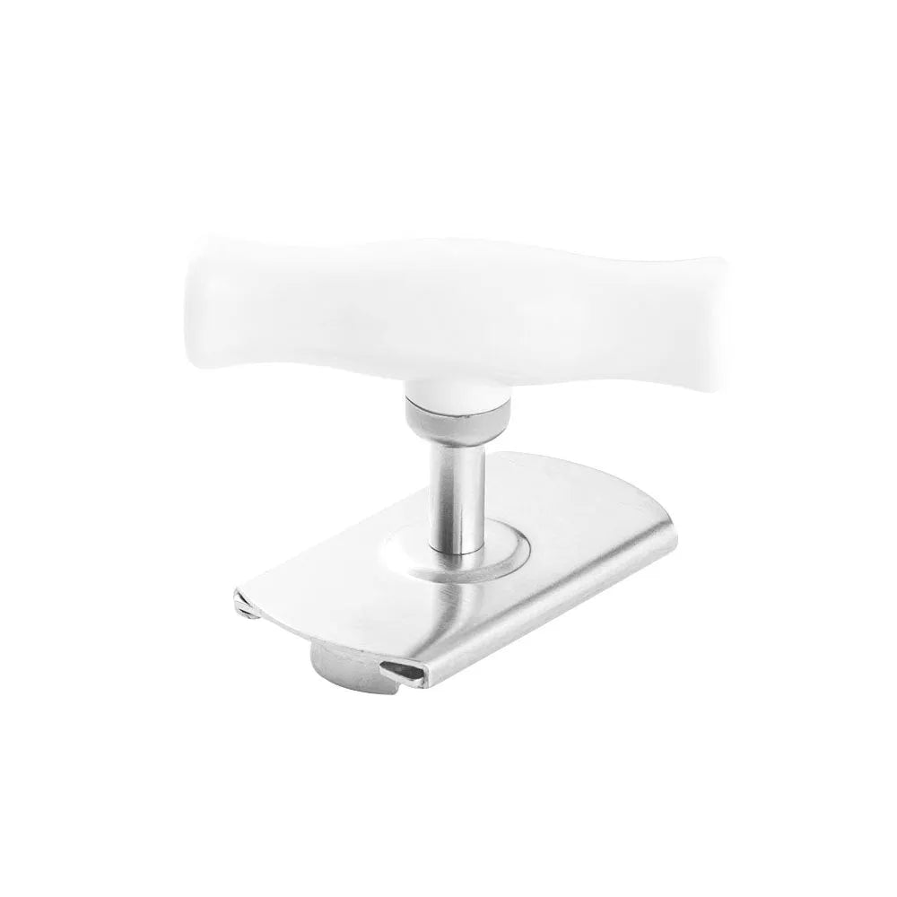 White adjustable stainless steel bottle cap opener with gear mechanism and textured handle.