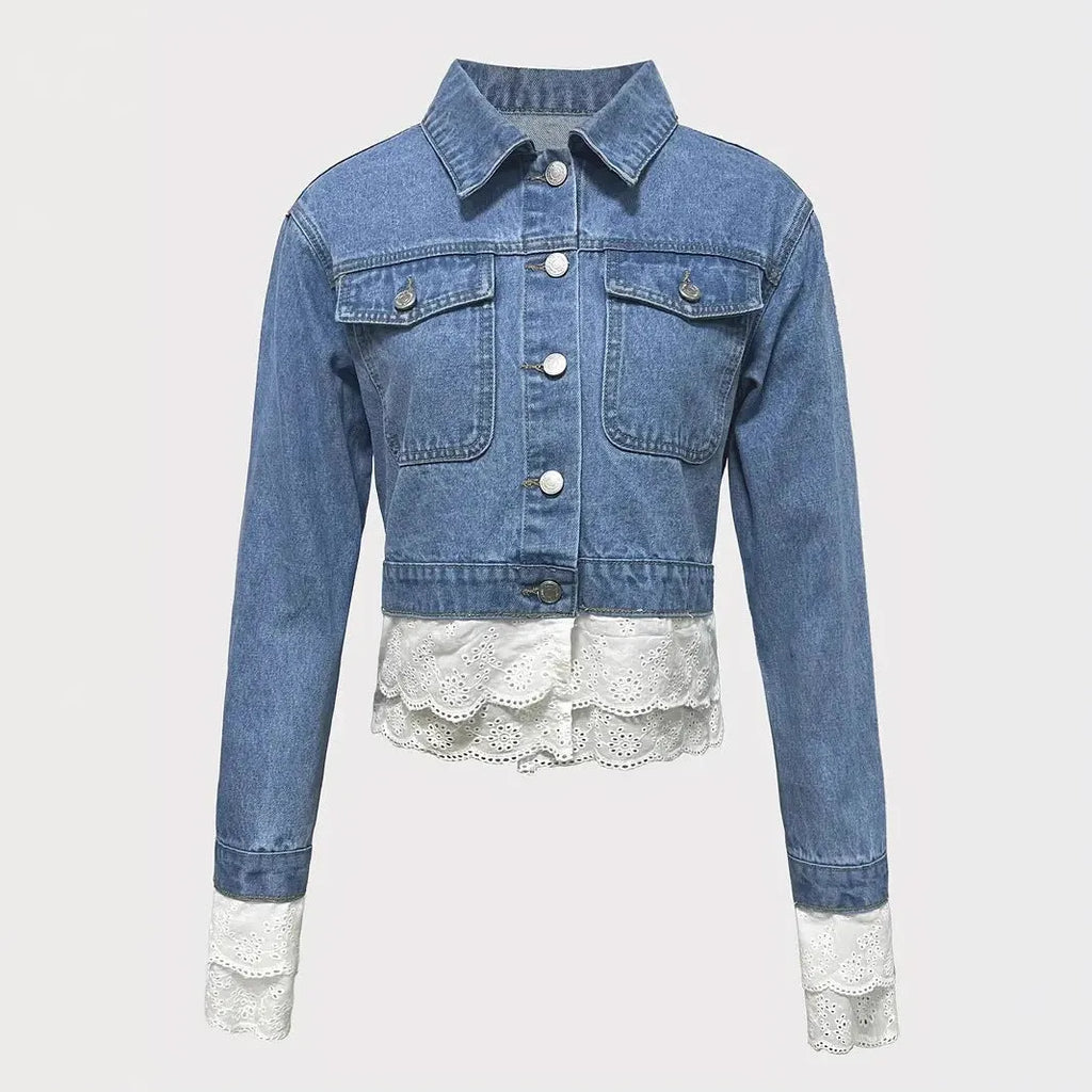 Blue denim jacket for women with lace stitching detail on the front, long sleeves.