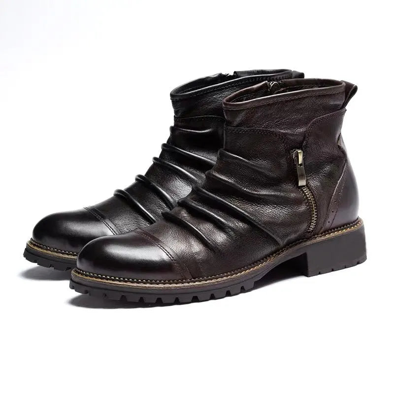Men's brown embossed PU Martin boots with a side zip and round toe on a plain background.