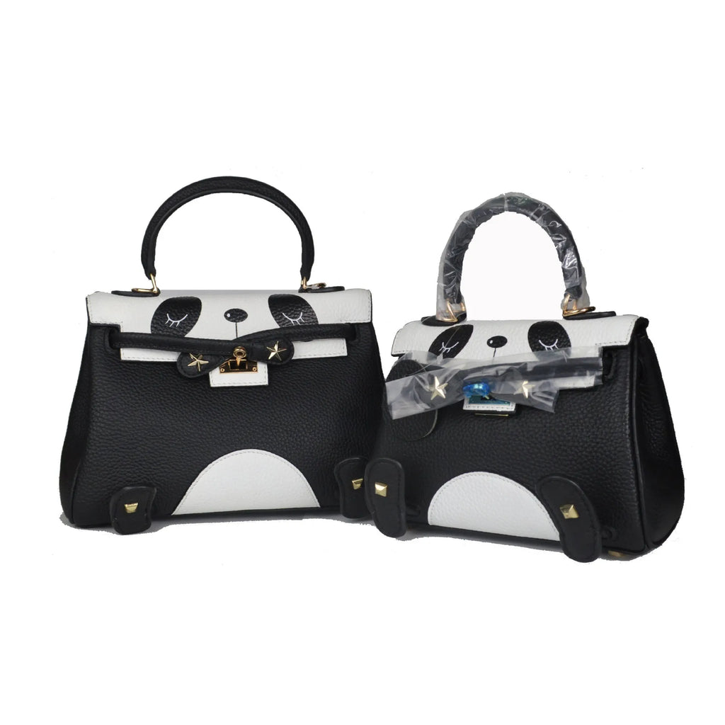 Panda print cow leather square handbag shown in two size options.