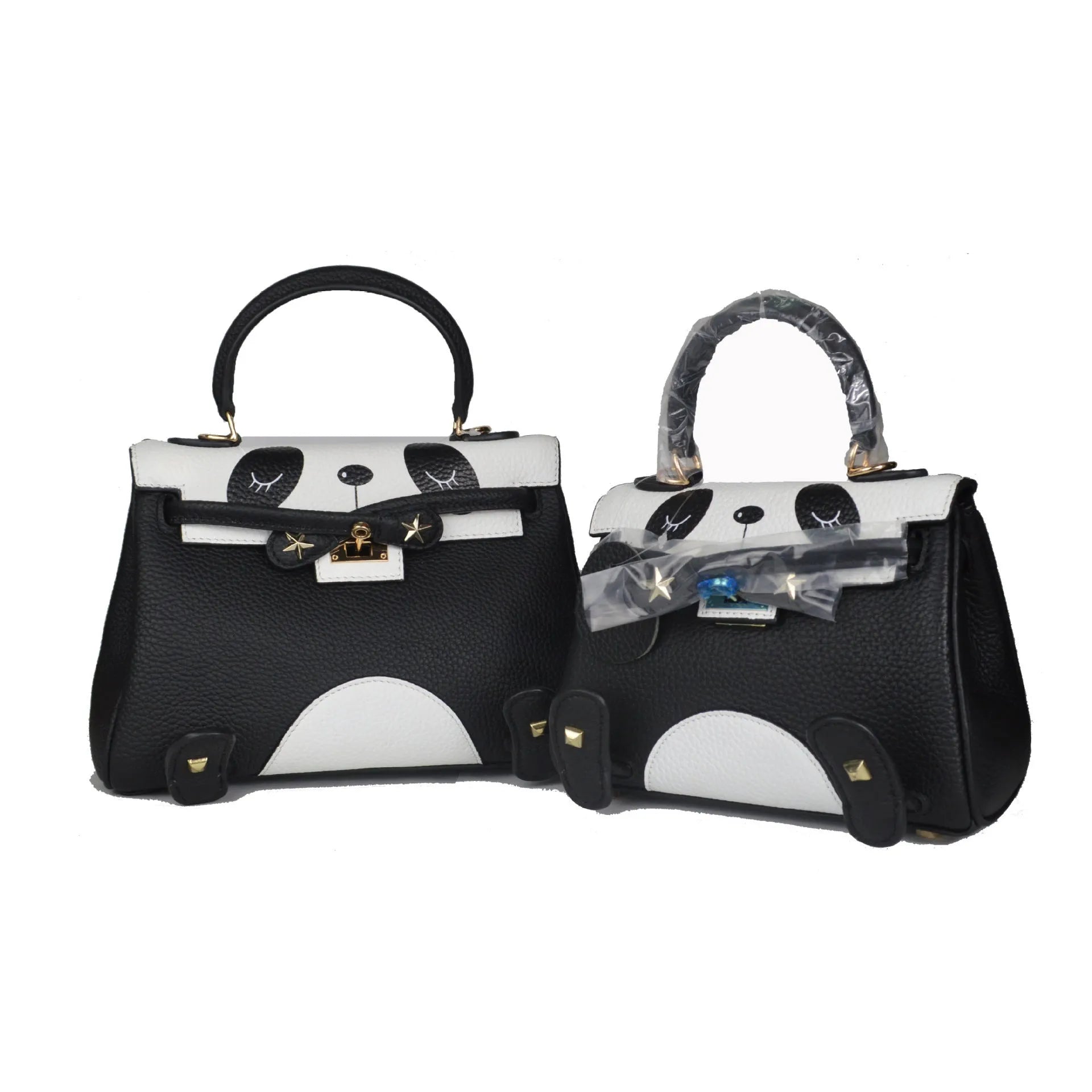 Panda print cow leather square handbag shown in two size options.