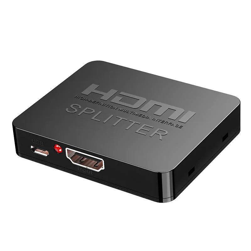 4K HDMI splitter distributing one input to two outputs with USB charger lead