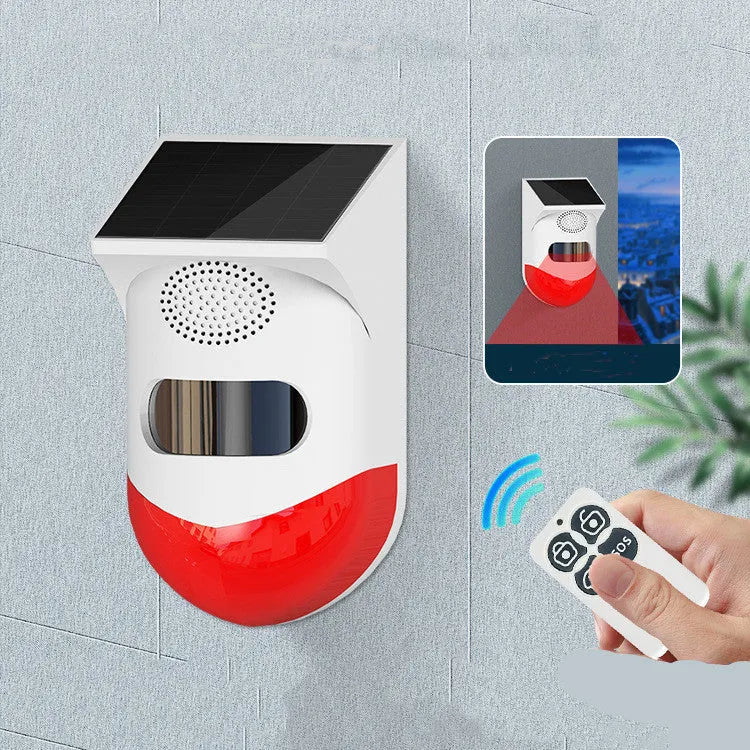 Solar-powered wireless security alarm with infrared sensor for outdoor property protection