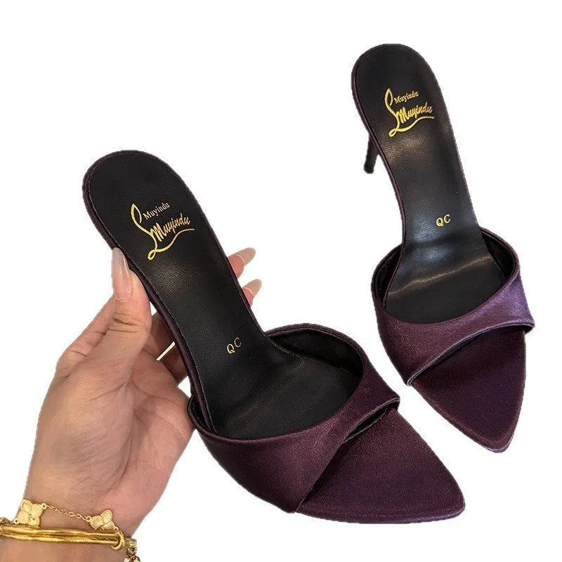 Women's black patent leather stiletto sandals with 8cm heel and pointed toe