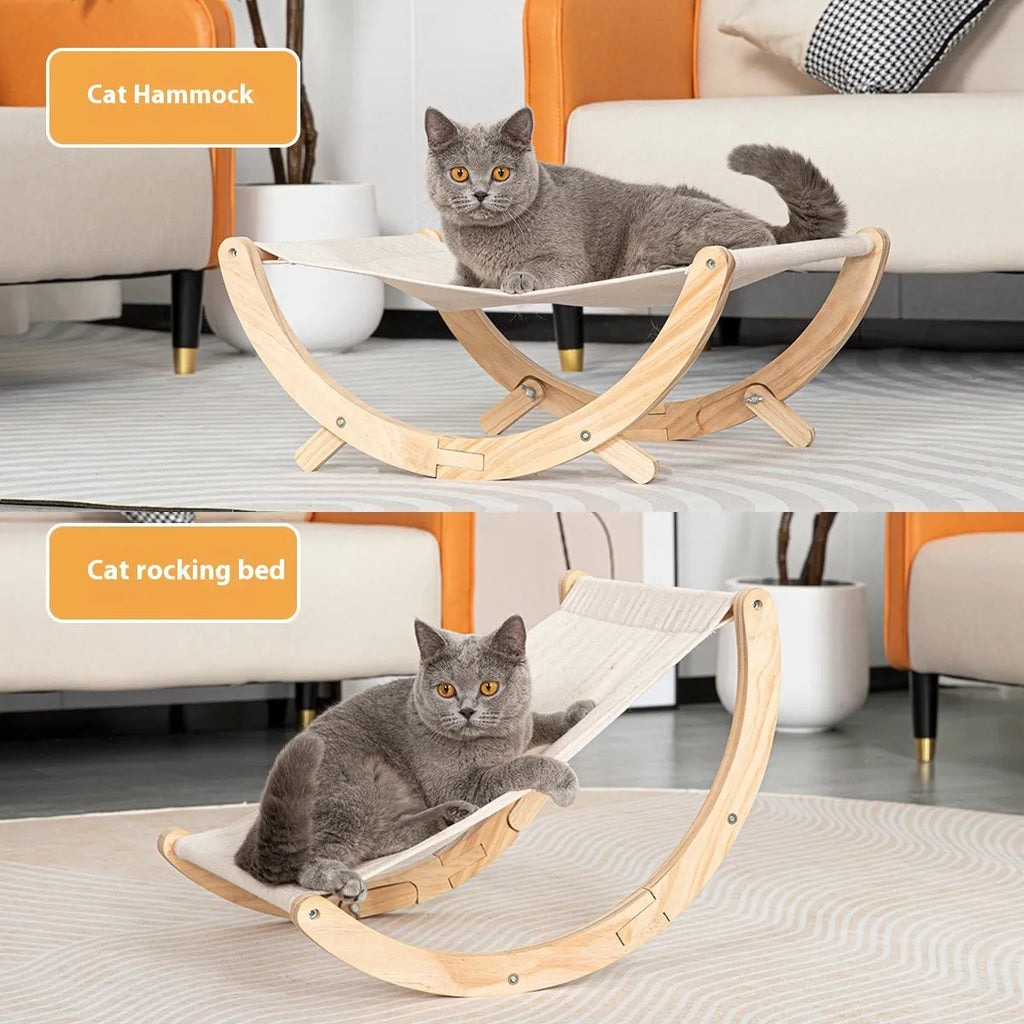 Solid wood foldable cat hammock bed with neutral brown frame and fabric matting