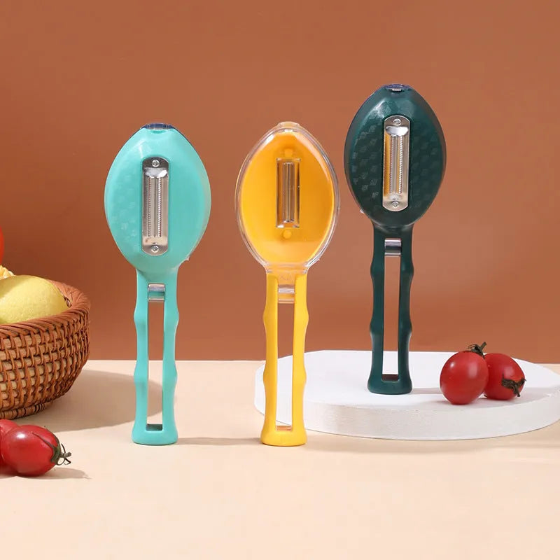 Yellow peeling knife with protective storage lid for fruit and vegetable preparation
