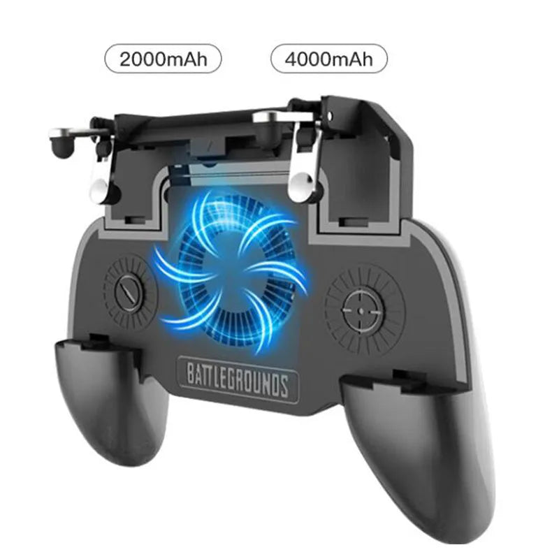 A black mobile game controller with USB cable, shot trigger, and grip buttons for smartphones.