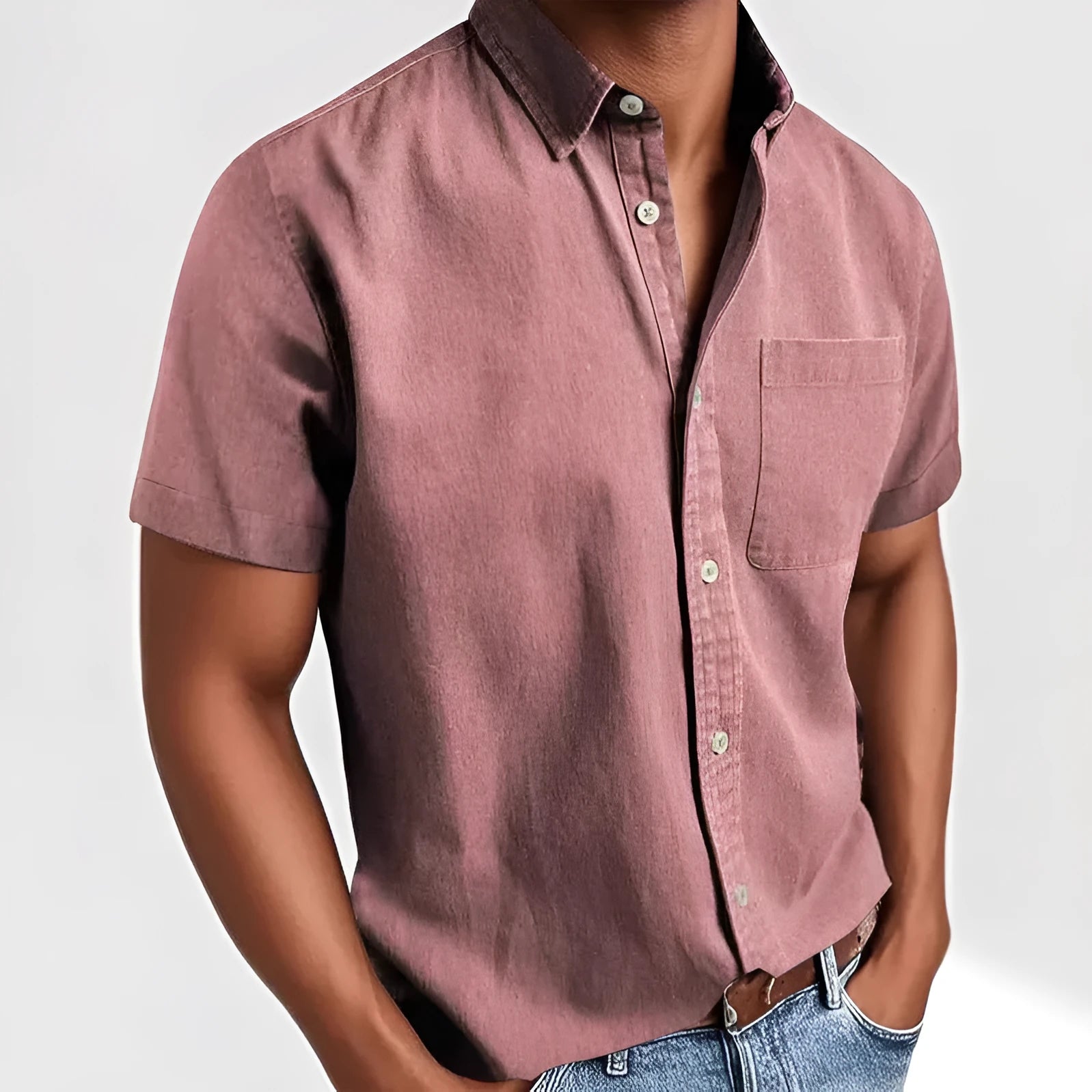 Men's solid colour short-sleeve shirt with a polo collar and a single chest pocket.