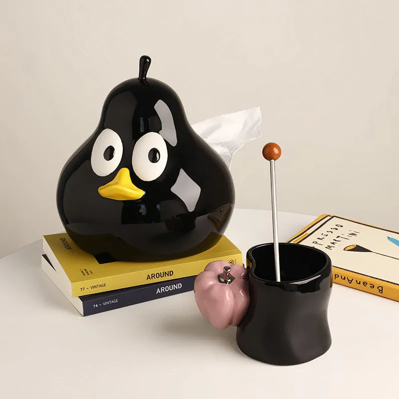 Pear-shaped ceramic tissue box holder with animal design in green or black