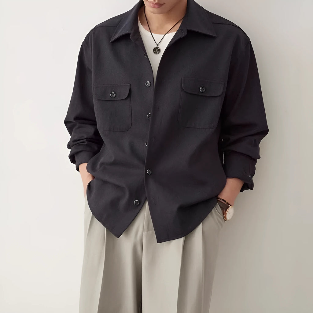 Men's long sleeve cotton shirt with a lapel collar in light sand rice colour.