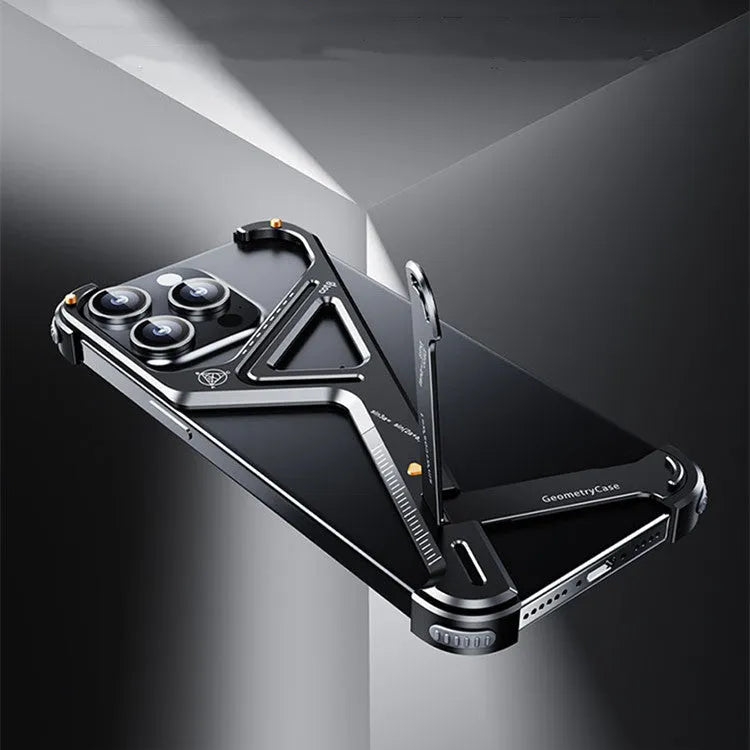 Geometric alloy phone case with metal border and bracket for iPhone 15 Pro Max in Black