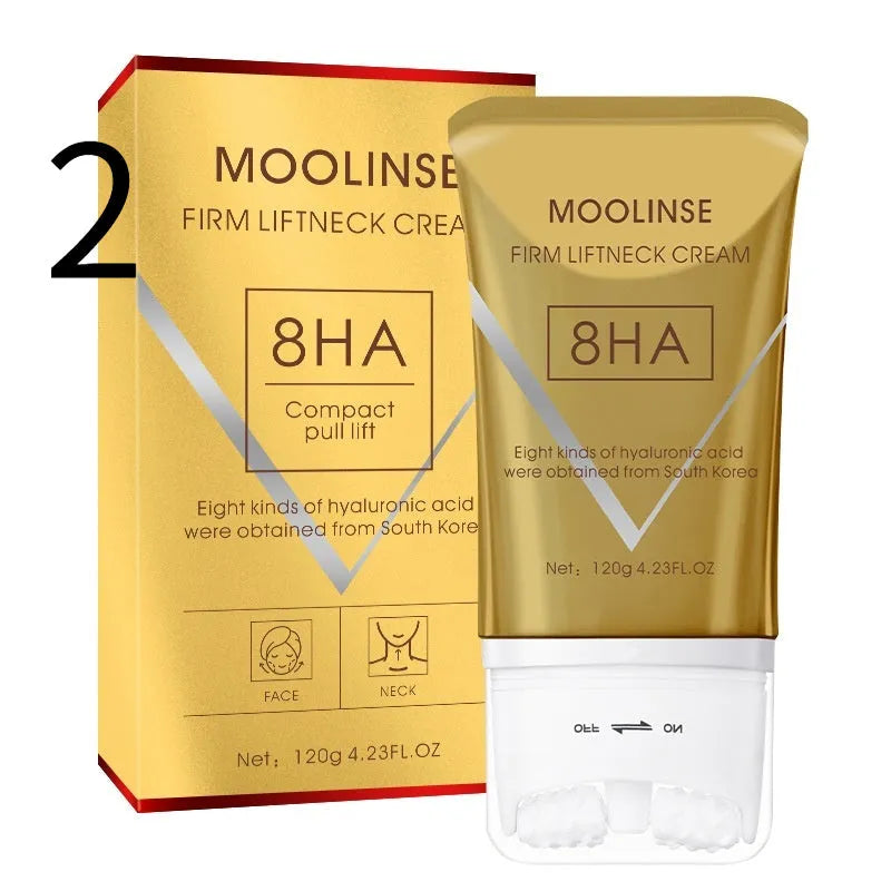 Neck cream container with integrated massage roller tool for dry skin treatment