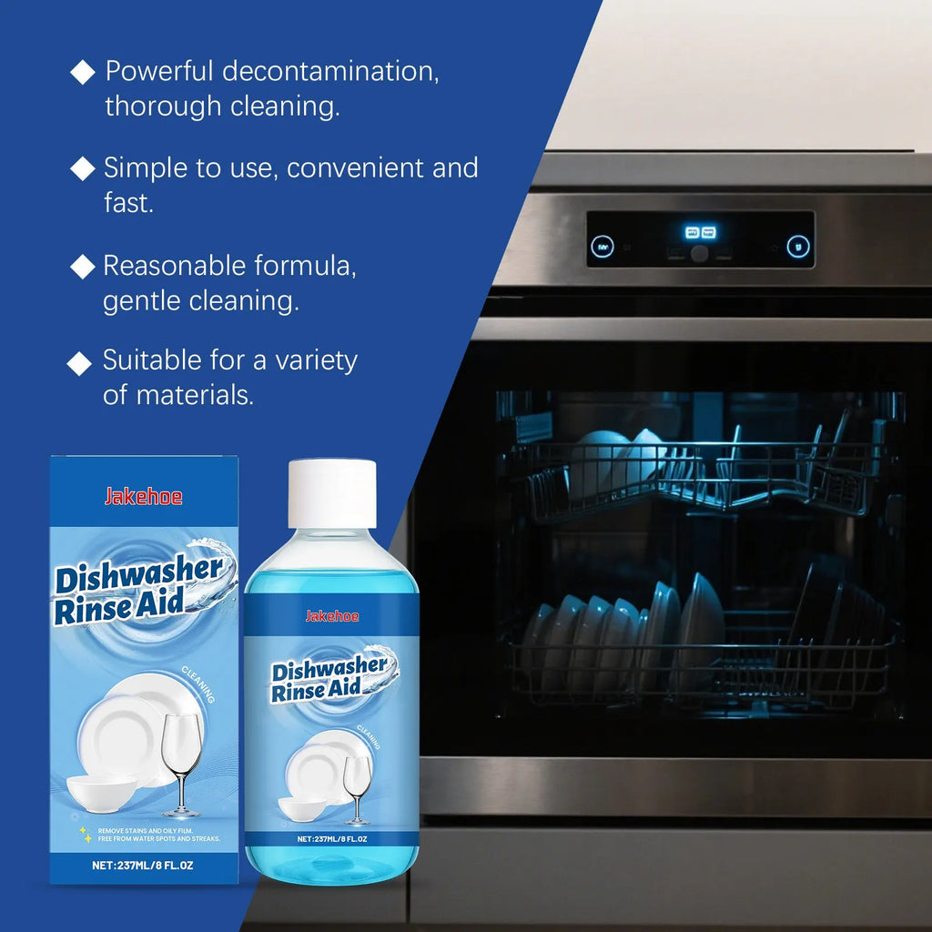 237ml bottle of dishwasher detergent cleaning aid for removing oil and stains from kitchenware.