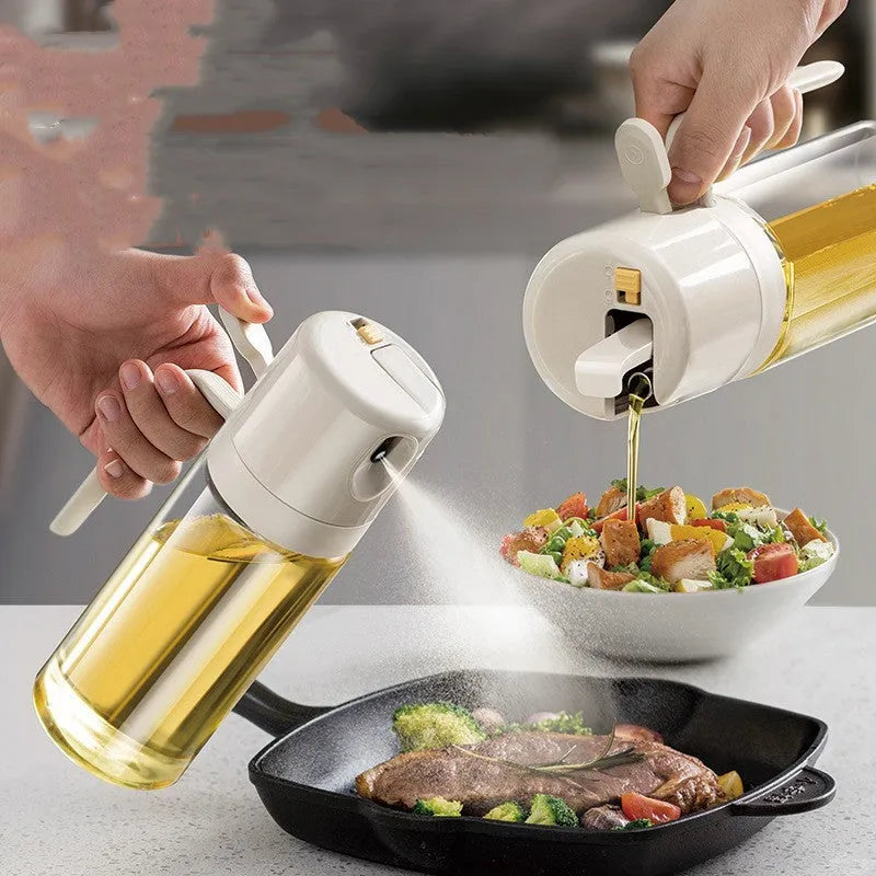 Warm grey glass oil sprayer and pourer bottle with switchable cap and detachable nozzle.