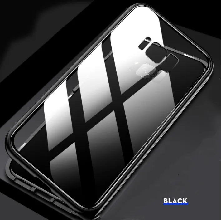 Black magnetic clamshell phone case for Samsung smartphones with glass construction and closed magnetic design
