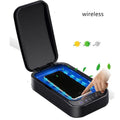 Blue and white portable ultraviolet disinfection box for mobile phones and small items.