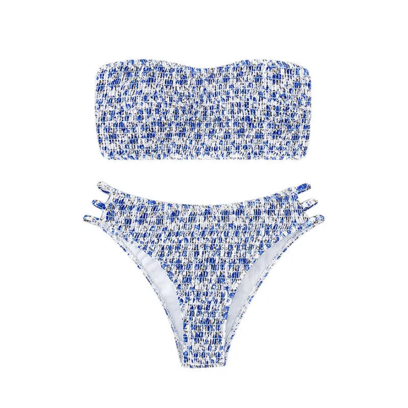 Women's strapless floral swimsuit with high-waisted briefs in multiple colour patterns