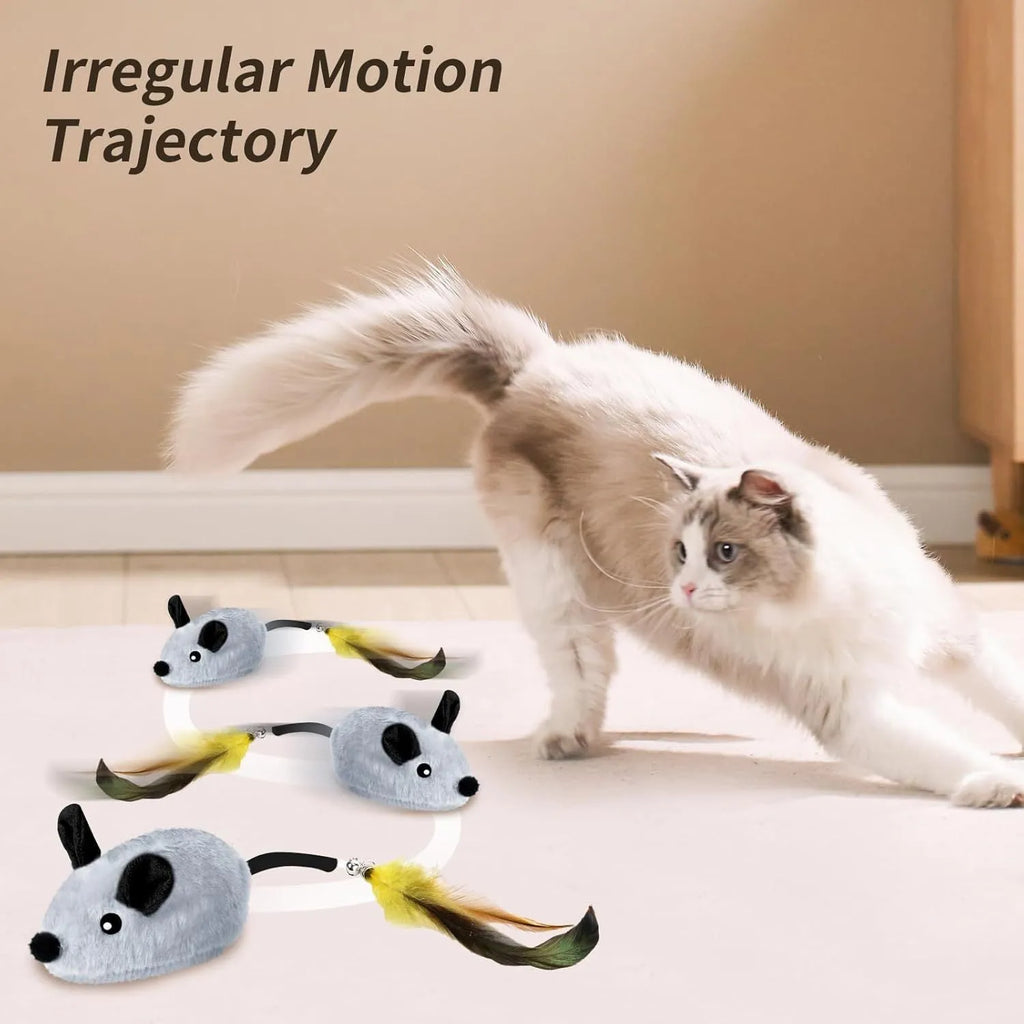Rechargeable interactive cat mouse toy with LED lights and feather tail for indoor feline entertainment