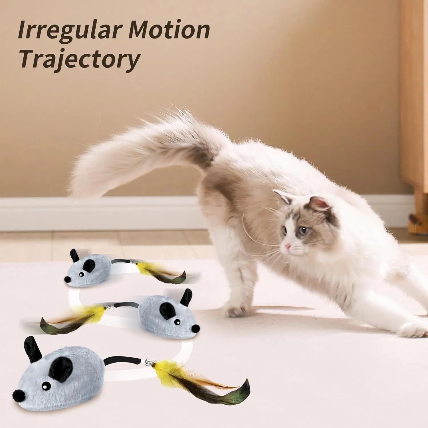 Rechargeable interactive cat mouse toy with LED lights and feather tail for indoor feline entertainment