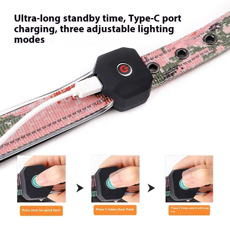 Blue and green plaid LED luminous dog collar with USB charging and reflective strip
