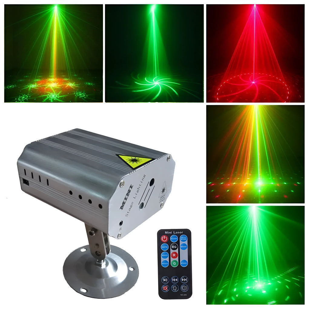 JC-24 dual laser light emitting red and green patterns against a dark indoor background with voice control remote included
