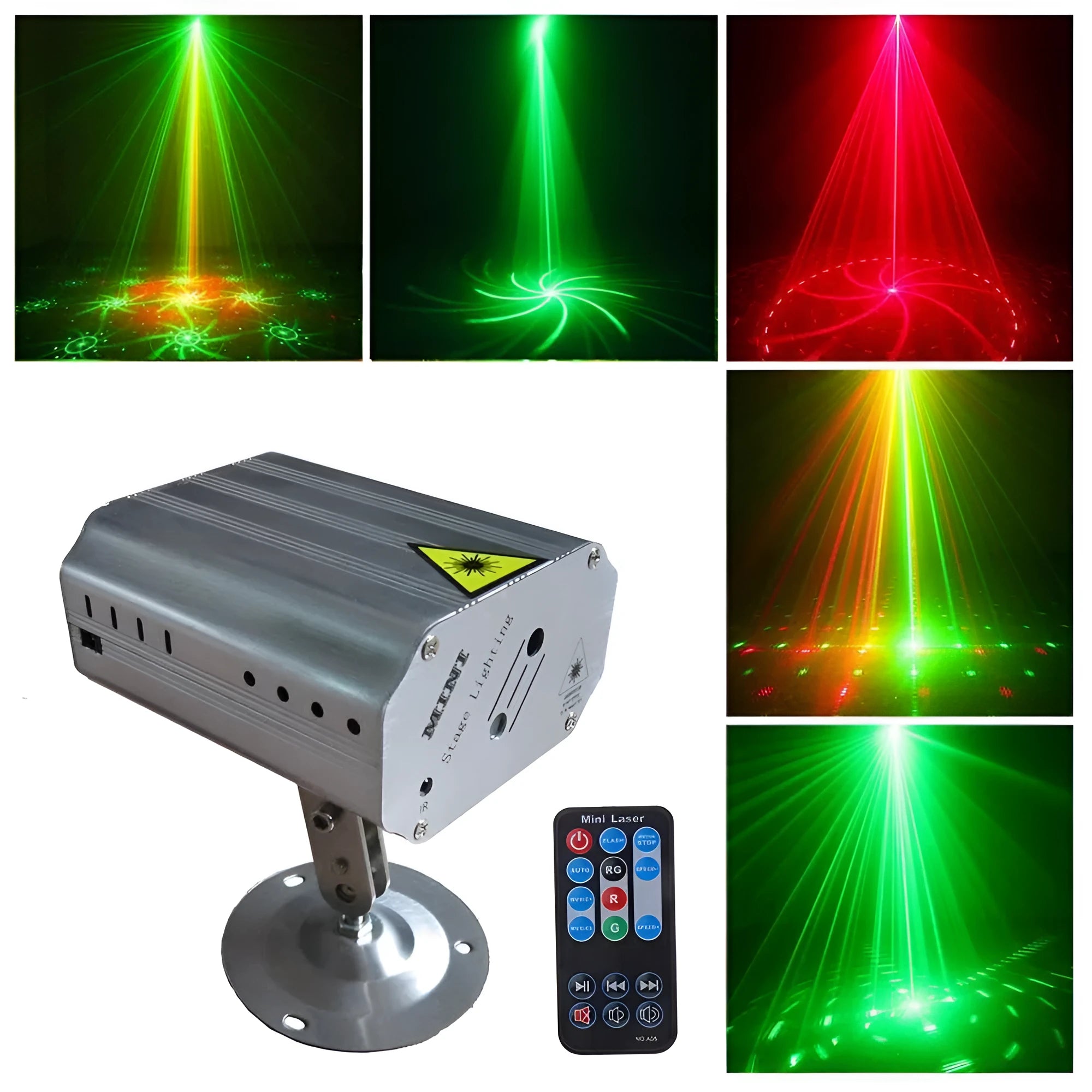 JC-24 dual laser light emitting red and green patterns against a dark indoor background with voice control remote included