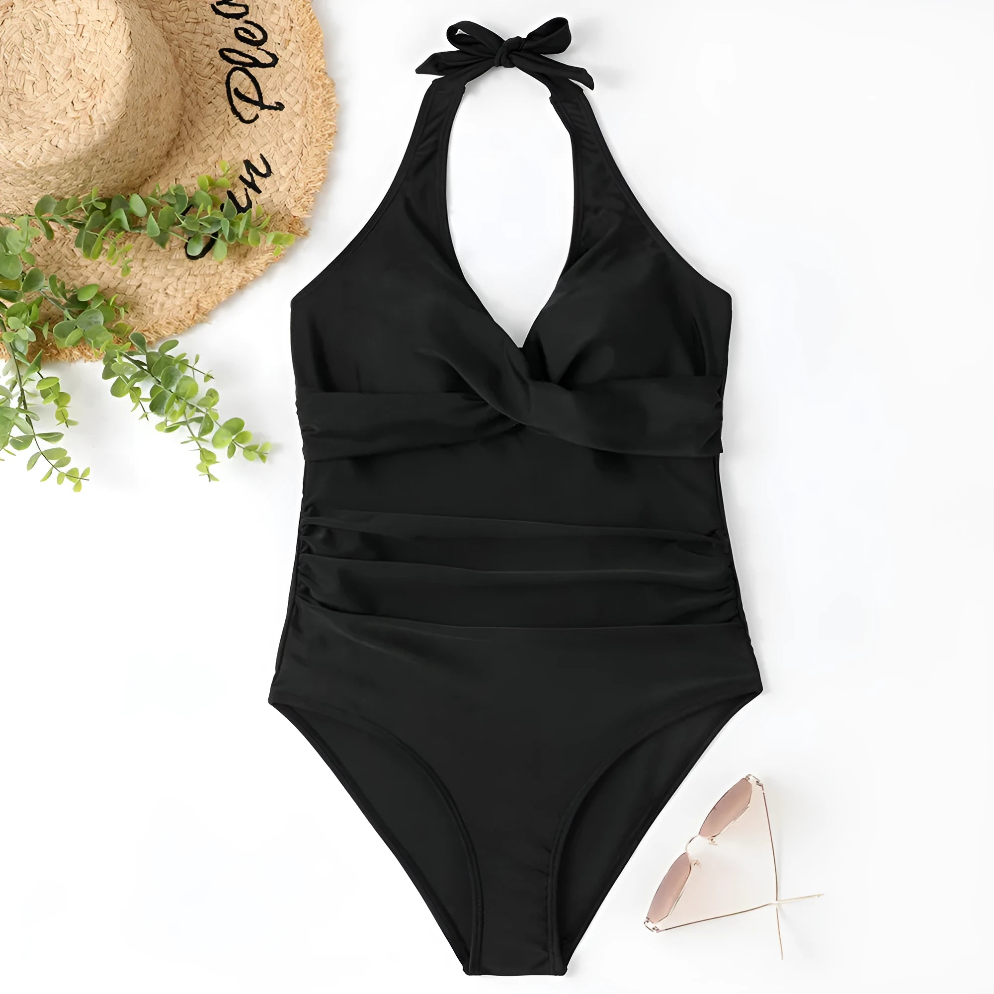 Women's black cross-front one-piece swimsuit made from polyester fabric