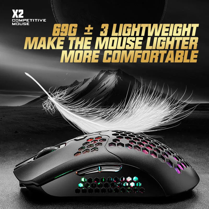 Free Wolf X2 wireless gaming mouse with honeycomb shell and RGB lighting in multiple colour options on a desk.