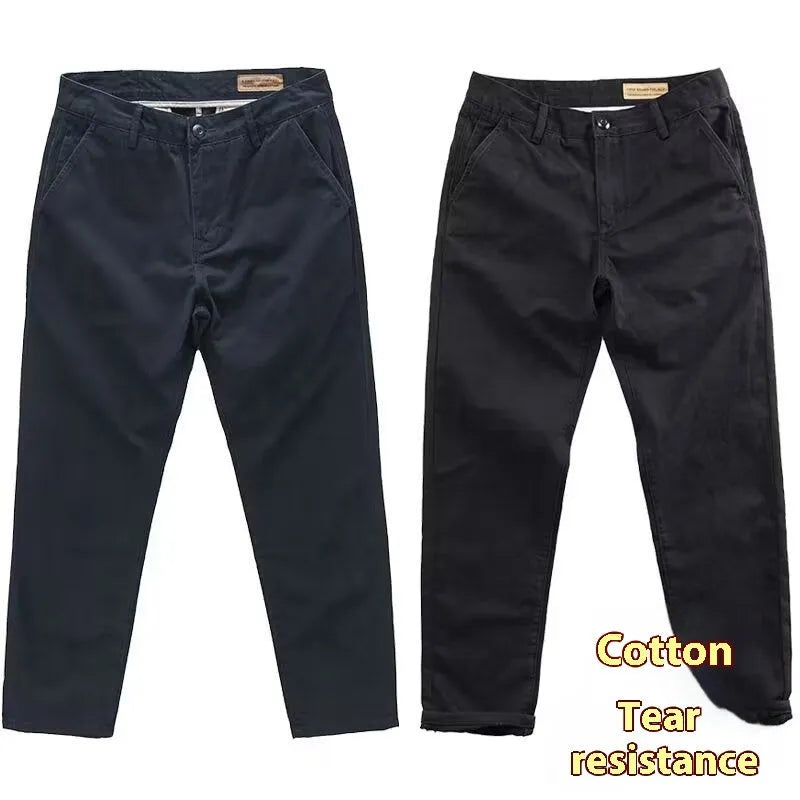 Men's slim washed casual trousers in micro elastic fabric, straight leg cut, shown in black, gray, khaki, navy blue