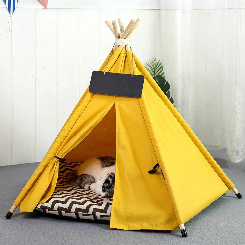 Striped linen pet teepee tent bed with cushion for a small dog or cat