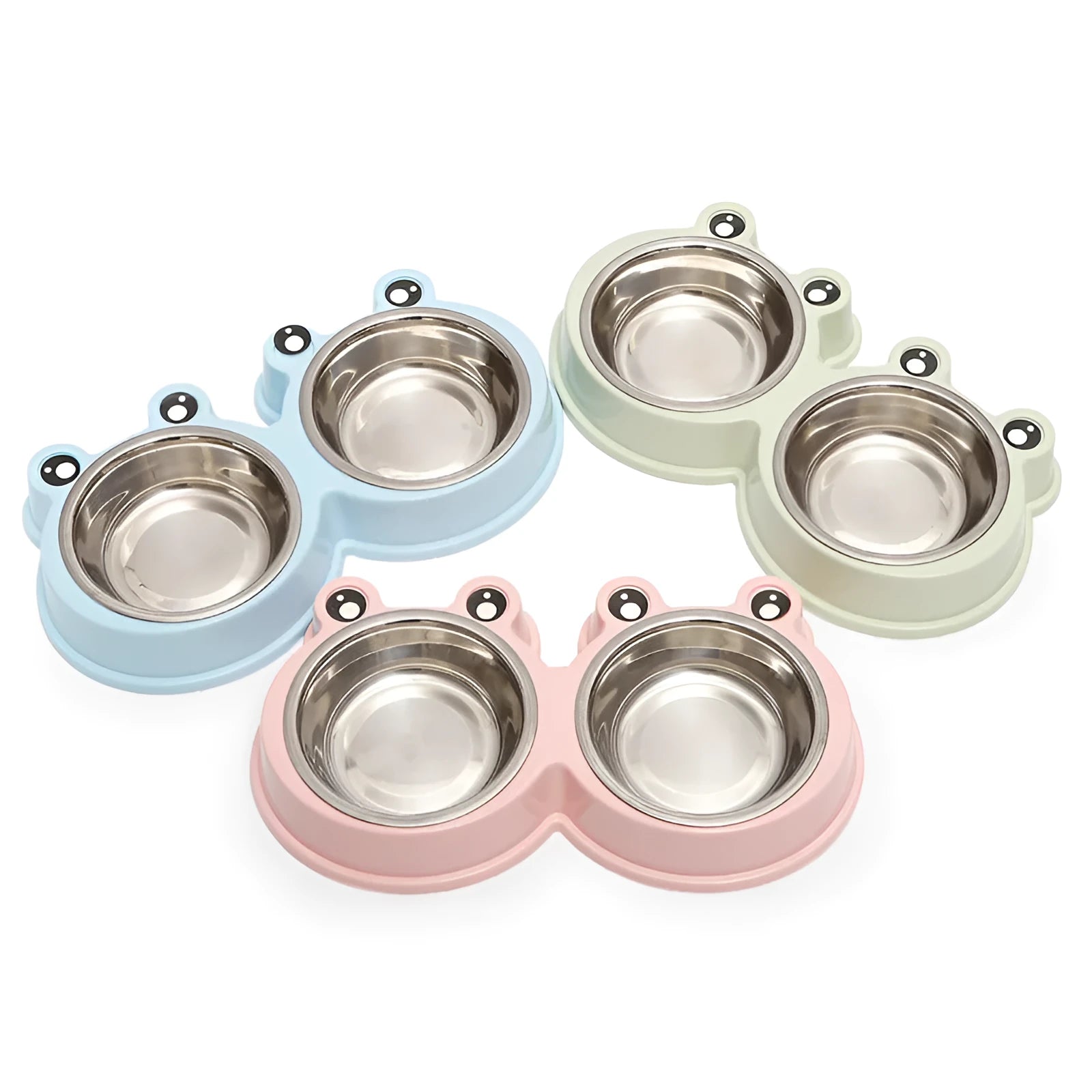 Stainless steel pet double bowl with frog design for separate food and water feeding