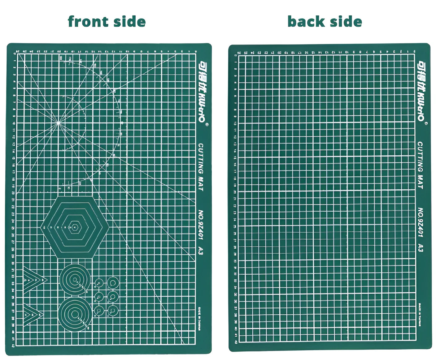 Green A3 self-healing cutting mat with centimetre grid for craft knives on a desk