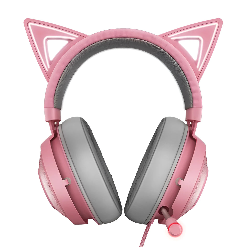 Wired glowing cat earphones headset in pink with USB plug
