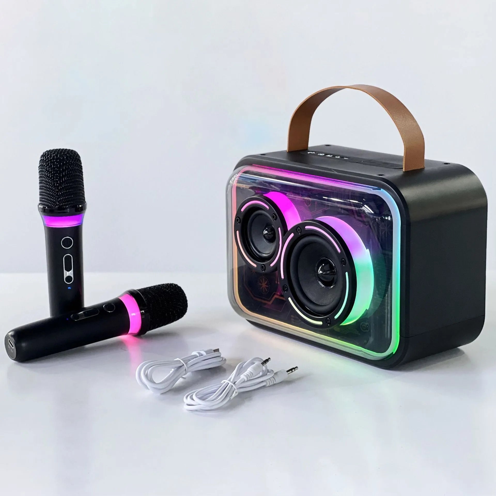 Light yellow portable Bluetooth karaoke speaker with RGB lighting and microphone