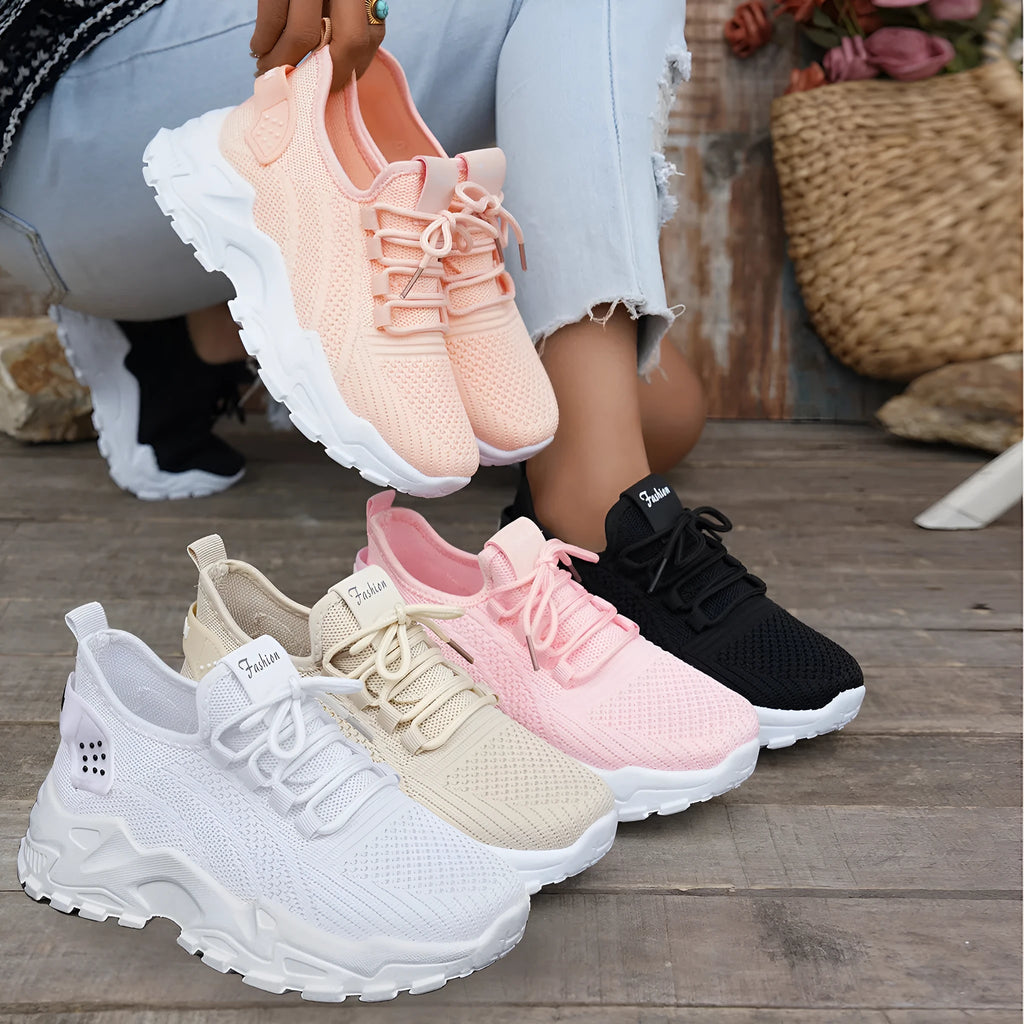 Women's Flyknit mesh casual shoes with lace-up front and plastic sole in multiple colour options