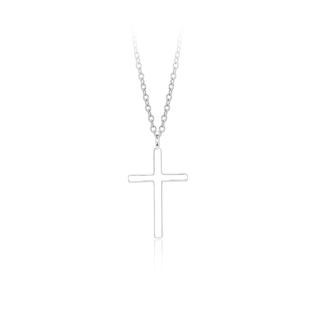 Sterling silver necklace with simple cross pendant on O-shaped chain in gold, platinum, or rose gold finish