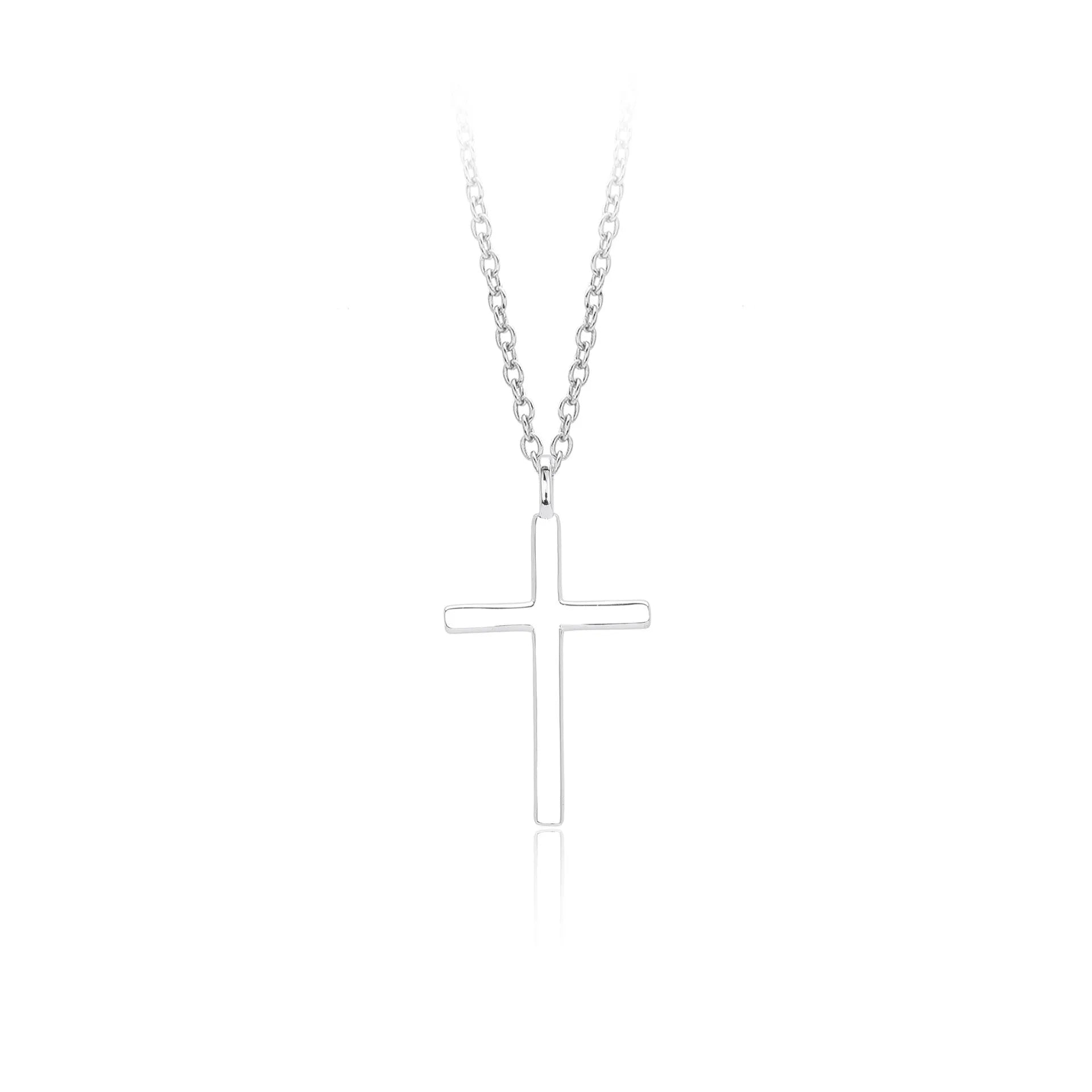 Sterling silver necklace with simple cross pendant on O-shaped chain in gold, platinum, or rose gold finish