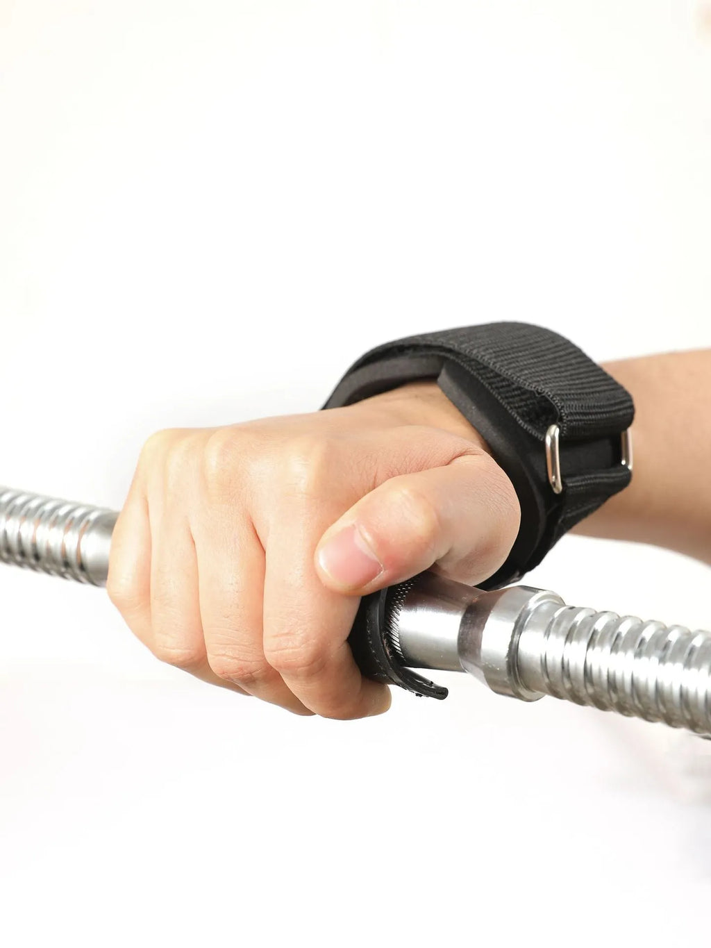 Black weightlifting booster hose with rubber palm protection and assist belts for grip training.