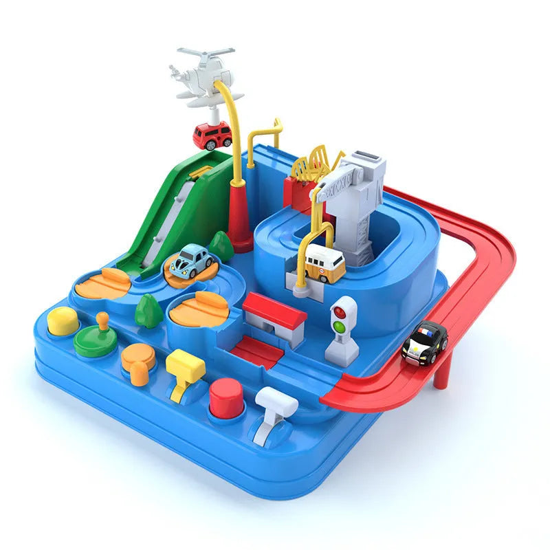 Plastic toy car track with handle remote control and colourful trolley vehicles on parking lot rails