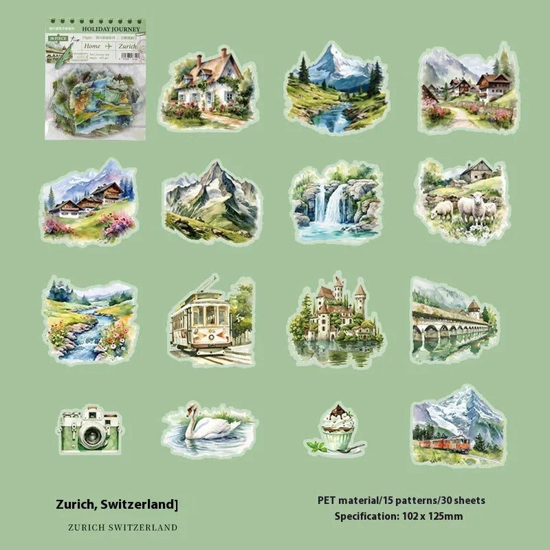 Holiday Journey Series architecture stickers with six retro travel landmark designs