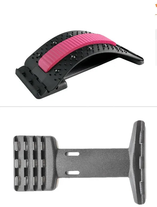 Adjustable back stretcher and waist massager with multiple massage heads in selectable colours.