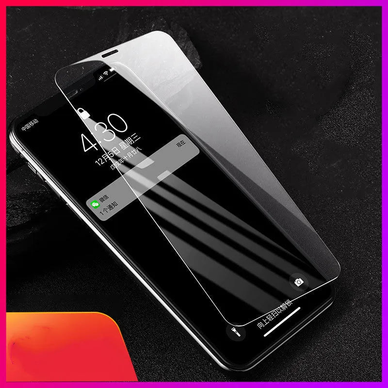 Tempered glass screen protector for iPhone models 11, X, XS, showing anti-fingerprint and HD features.