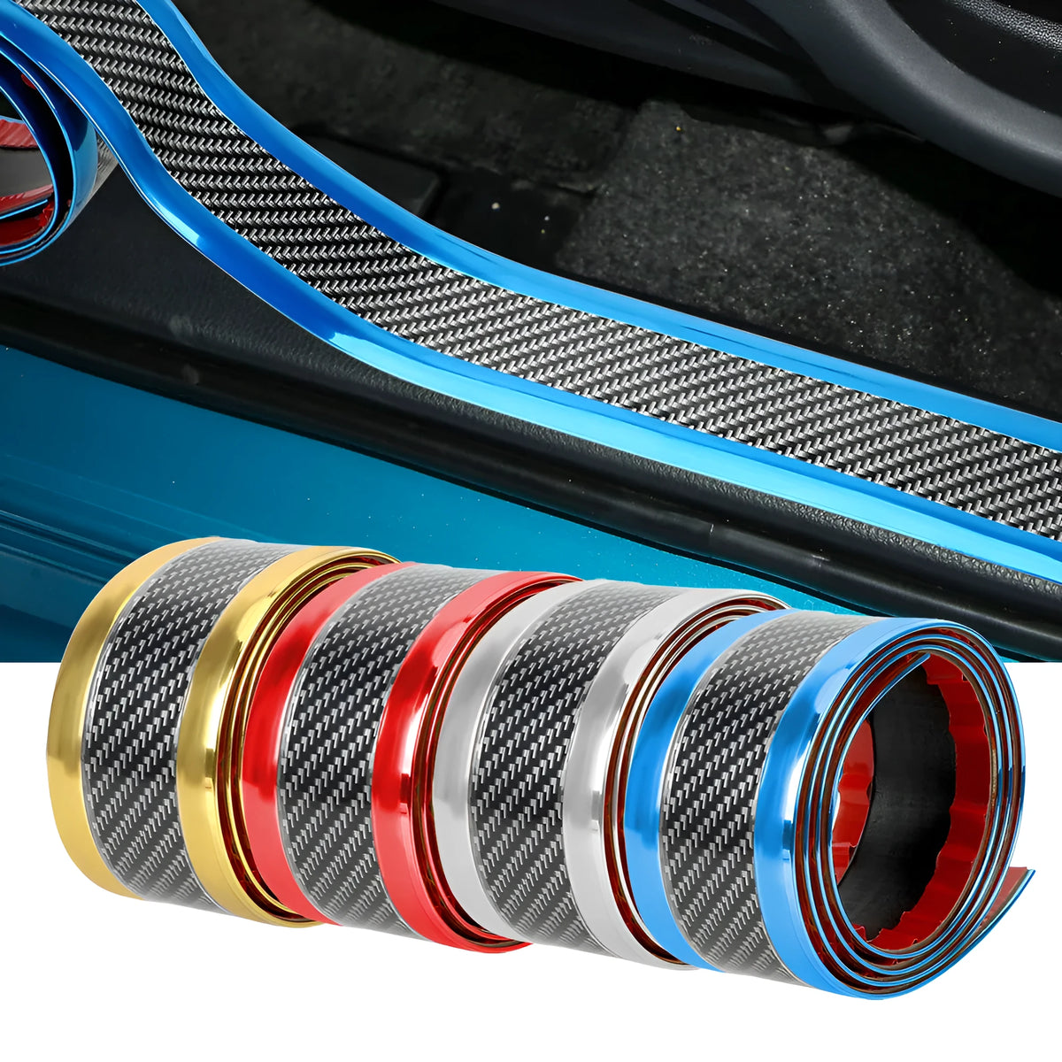 Carbon fibre pattern door sill protective sticker in black, 1m x 3cm, on car door sill