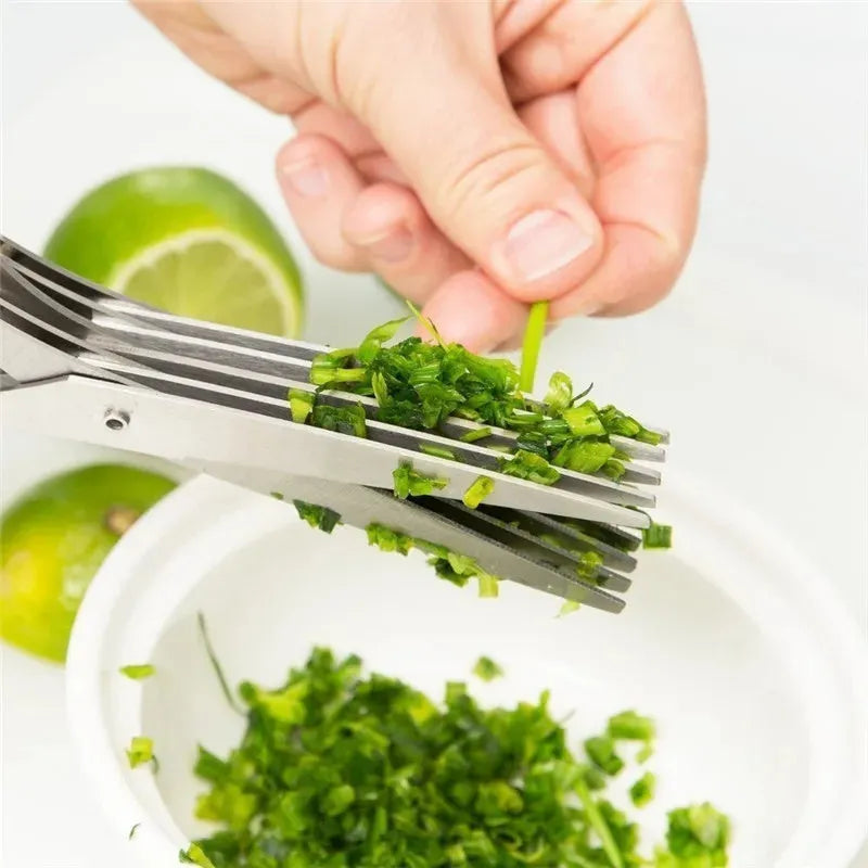 Green stainless steel multi-layer onion scissors for cutting herbs and seaweed