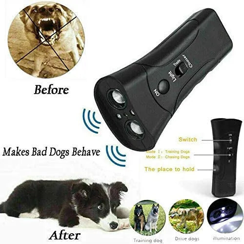 Ultrasonic dog repeller 3 in 1 ABS device with 125dB output, shown in double-head and single-head styles, 14x6x3cm.