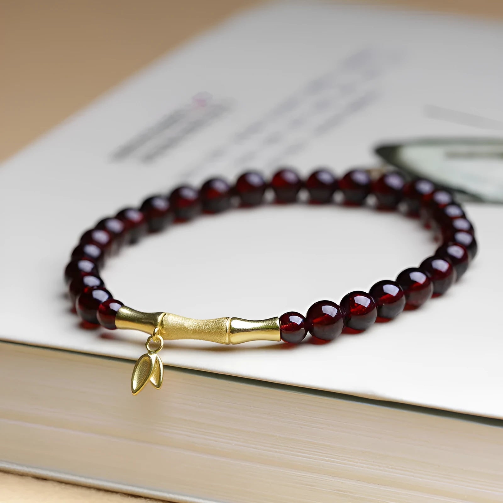 Natural garnet bamboo joint 6mm single ring bracelet in copper or silver finish