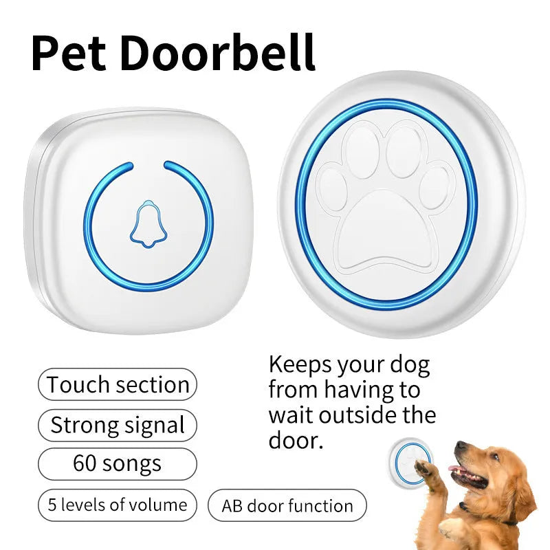 Wireless waterproof touch doorbell for pet dog training in black and white.
