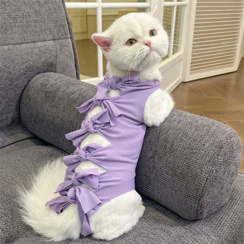Lace-up polyester cat recovery suit in blue colour shown on a model, size L for cats 6-9kg.
