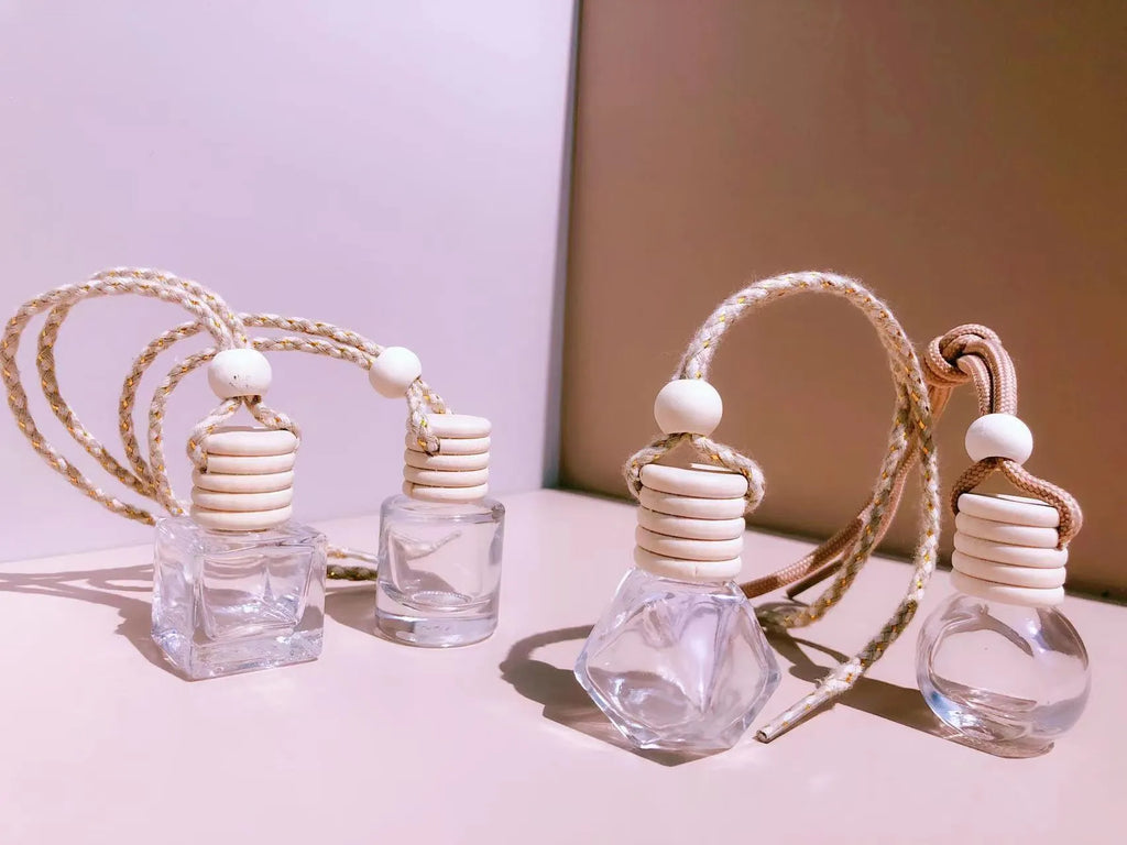 Glass bottle car perfume pendant in cylinder, diamond, flat drum, and square styles with 8ml or 6ml capacity